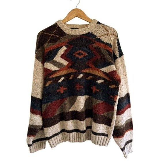 Vintage Etchings Mens Sz L Brown Blue Tan Crewneck Knit Wool Blend Sweater - Picture 1 of 8